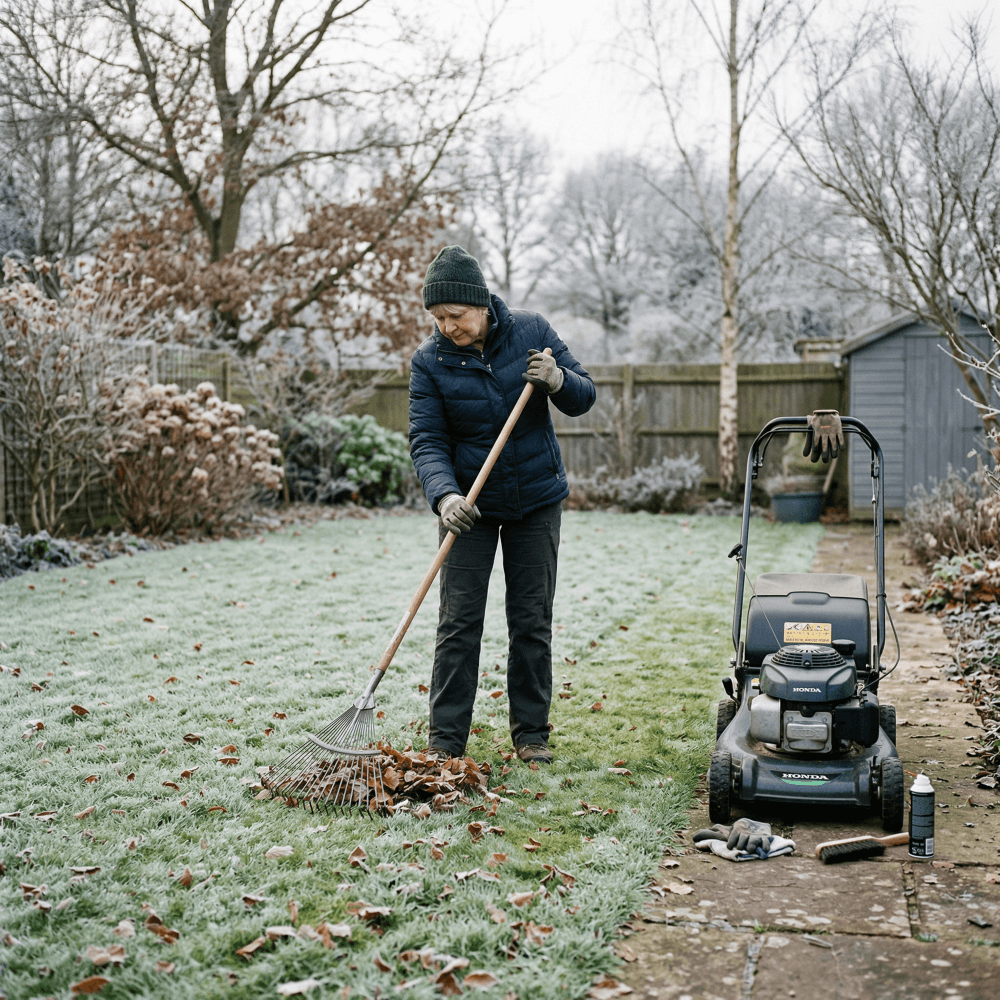 gazononderhoud januari - vrouw harkt bladeren van het gras